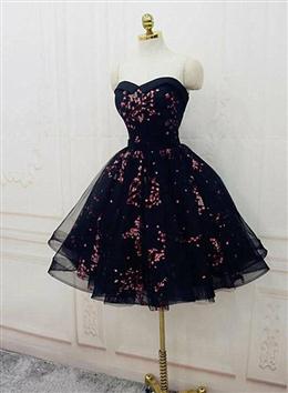 Picture of Simple Short Black Color Tulle Party Dresses with Floral, Lovely Short Prom Dresses